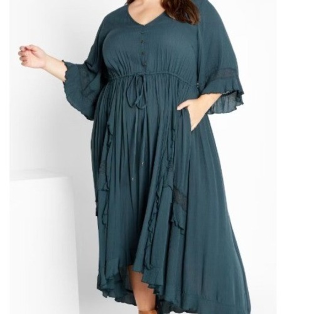 City Chic Cadence Midi Dress Teal Blue Boho Lace Trim Tiered Ruffle Women's XL